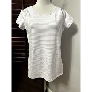 Michael Kors Womens T-Shirt Purple White Stripe Cold Shoulder Cap Sleeve  M